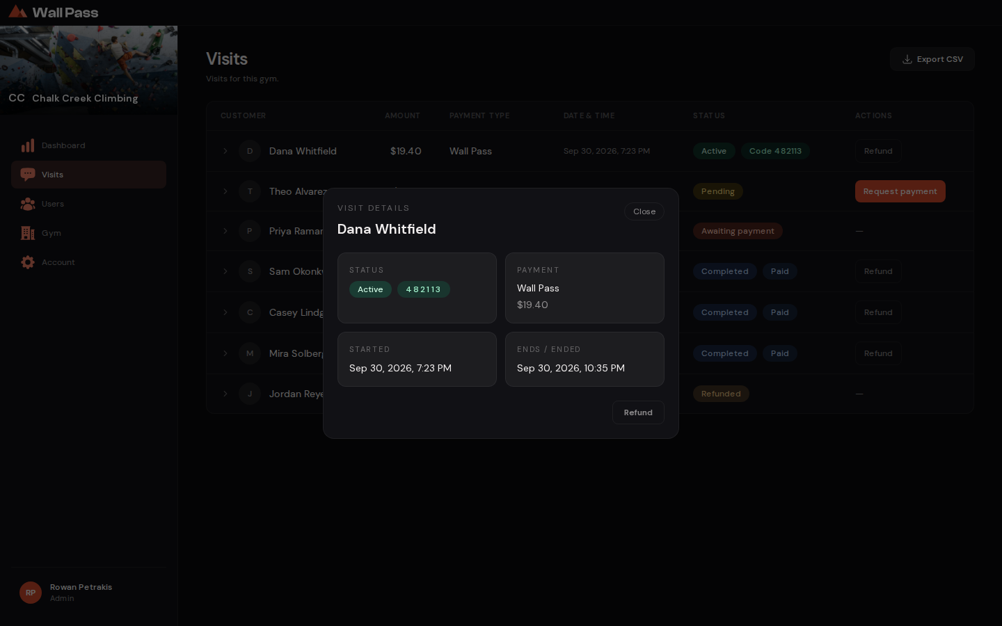 The visit detail dialog showing the status, code and times